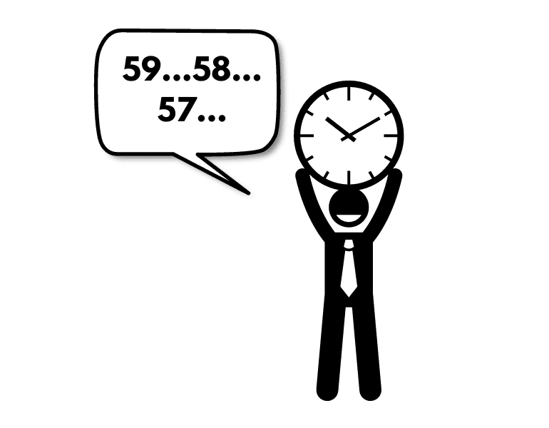 60 Sekunden Countdown - Mann mit Uhr über dem Kopf zählt von 60 rückwärts