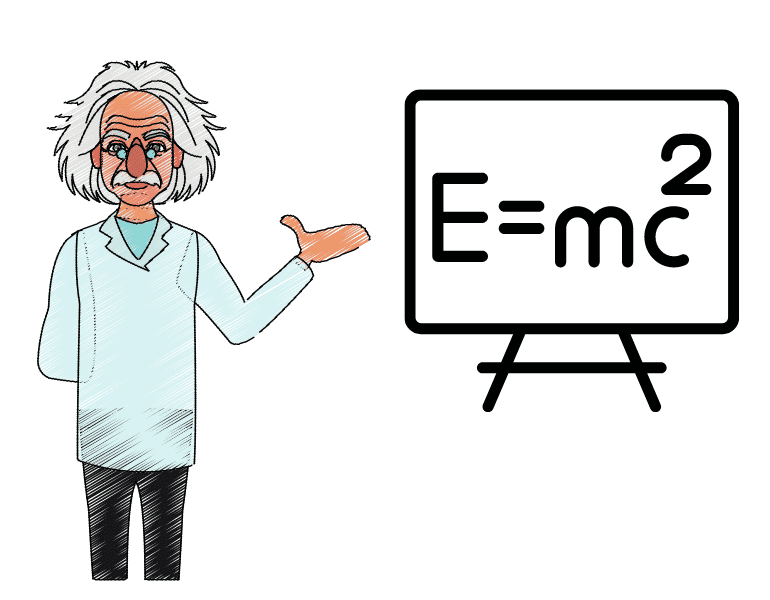 Albert Einstein zeigt auf seine berühmte Formel E=mc2 Resonanzgesetz und Quantenphysik