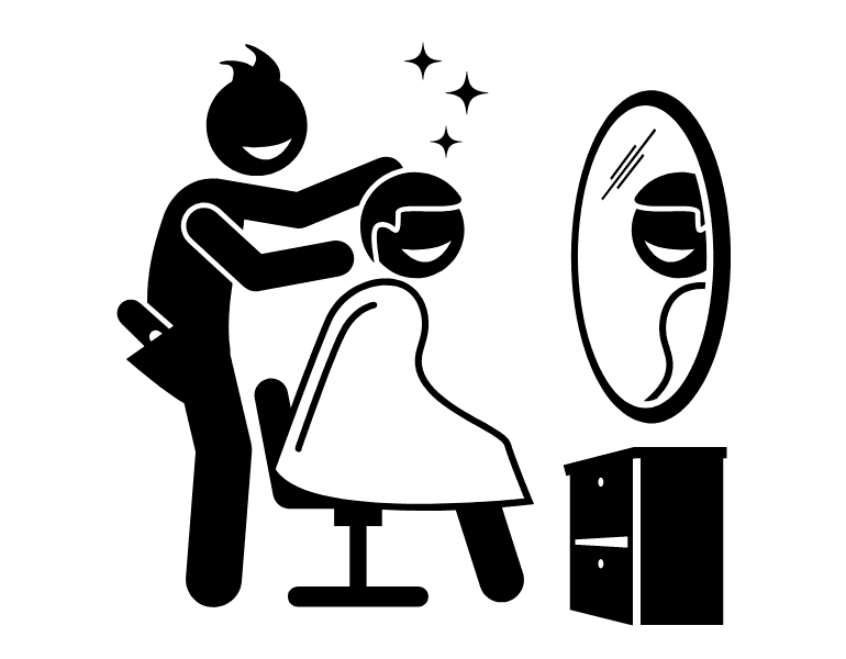 Friseur macht einem Kunden die Haare neu für einen Schauspielauftritt und benutzt Requisiten