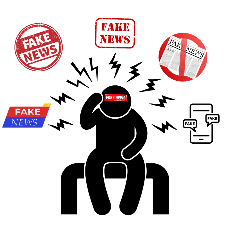 Gesetz der Anziehung Mythos mann sitzt mit Kopfschmerzen und denkt an Fake News