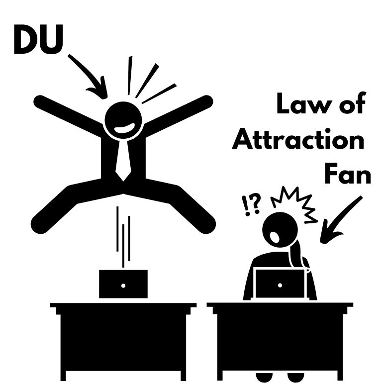 Mann freut sich über seine Erfolge beim Gesetz der Anziehung und daneben sitzt ein erfolgloser Law of Attraction Fan